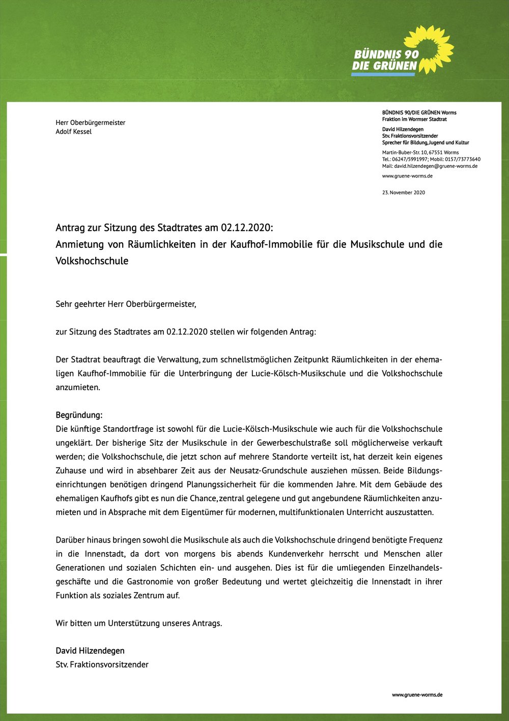 Antrag der Fraktion Worms zur Anmietung Kaufhof Immobilie